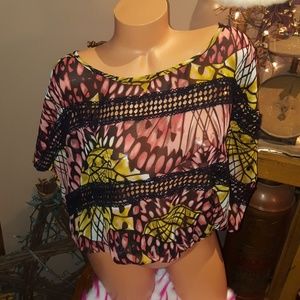 Bebe sheer monarch butterfly open back top XS